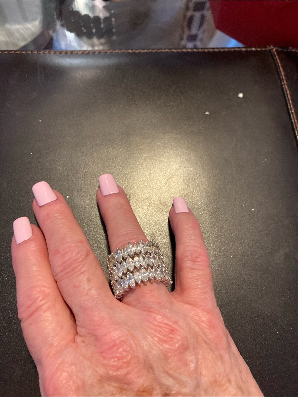 Sparkling Silver Crystal Multi-Row Statement Ring - Pink